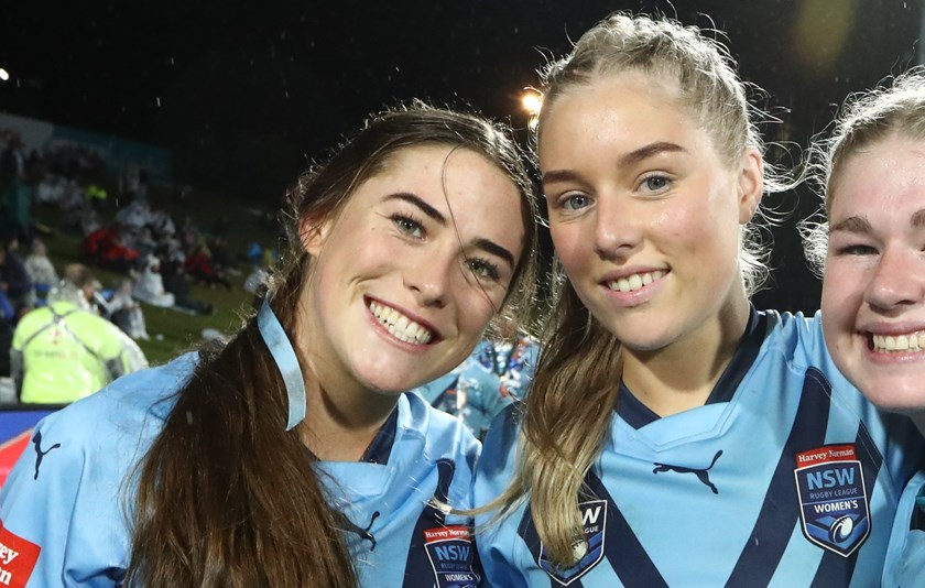 Teagan Berry and Keele Browne celebrate NSW's Under-19s win in June.