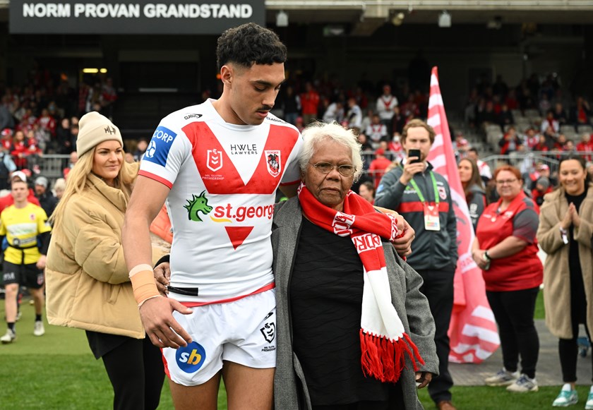 Tyrell Sloan with his nan Colleen as the Dragons celebrated Women in League Round last week