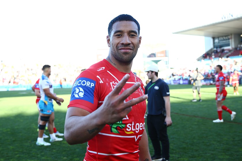 Tautau Moga after scoring a hat-trick against the Raiders in Round 23
