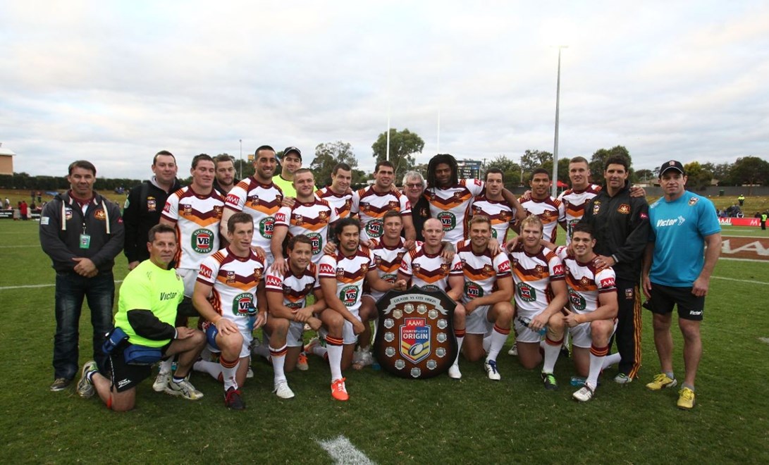 Photo by Colin Whelan copyright © nrlphotos.com :   Country pose with the trophy they didnt actually win     Representative Rugby League, City v Country at Dubbo, May 4th  2014.