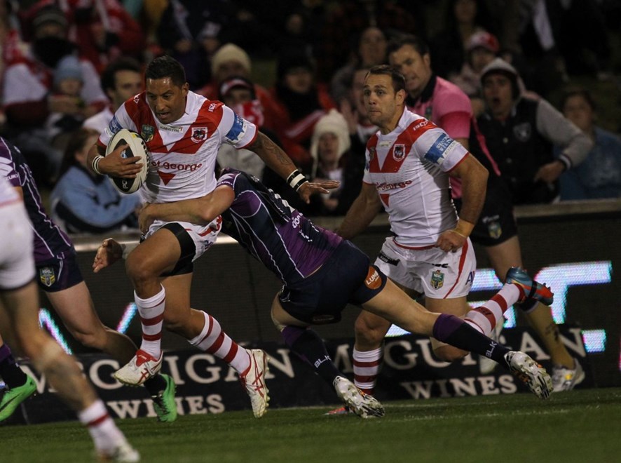 Photo by Colin Whelan copyright © nrlphotos.com :       Benji Marshall grabbed by Billy Slater                        NRL Rugby League, Round 16 St George Illawarra Dragons v Melbourne Storm at Wollongong, Monday June 30th 2014.