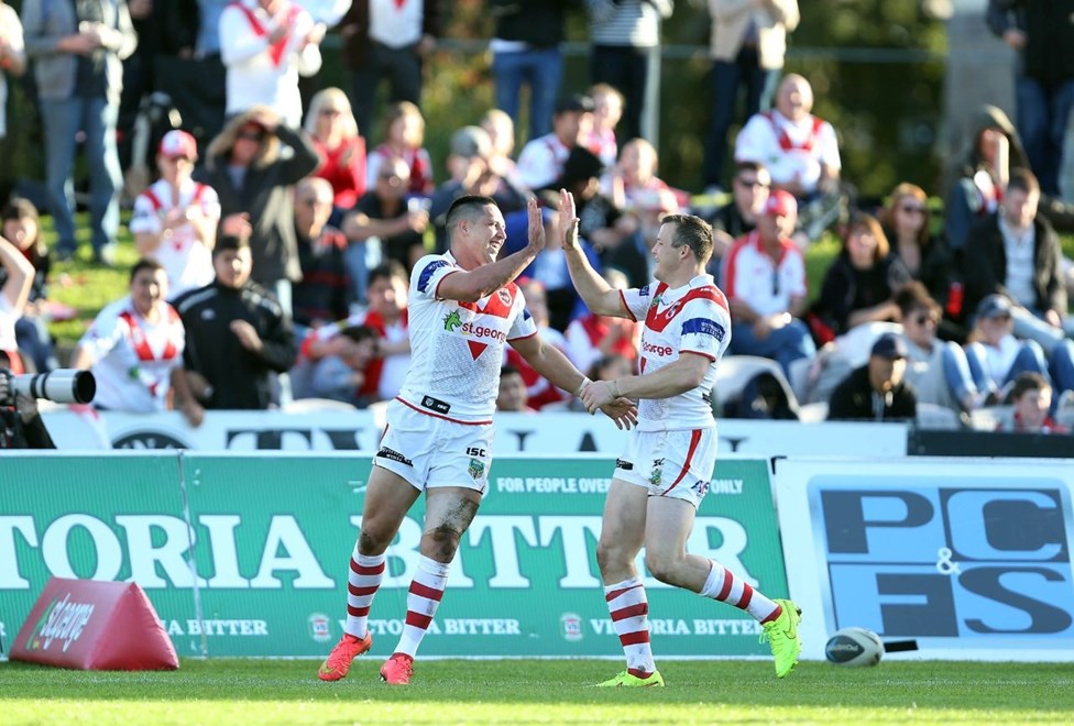 Digital Image by Robb Cox Â©nrlphotos.com: Gerard Beale celebrates his try :NRL Rugby League - Round 24, St George Illawarra Dragons V Gold Coast Titans at WIN Jubilee Stadium, Sunday August 24th 2014.
