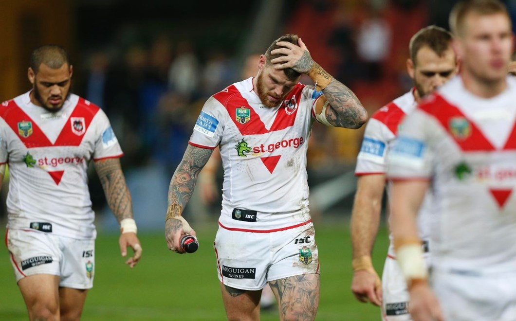 Photo by Charles Knight copyright Â© nrlphotos.com :A dejected Josh Dugan  - NRL Rugby League, Round 25 Brisbane Broncos v St.George Dragons at Suncorp Stadium, Friday August 29th 2014.