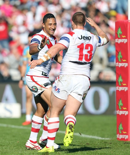 Digital Image by Robb Cox Â©nrlphotos.com: Benji Marshall celebrates his try :NRL Rugby League - Round 24, St George Illawarra Dragons V Gold Coast Titans at WIN Jubilee Stadium, Sunday August 24th 2014.