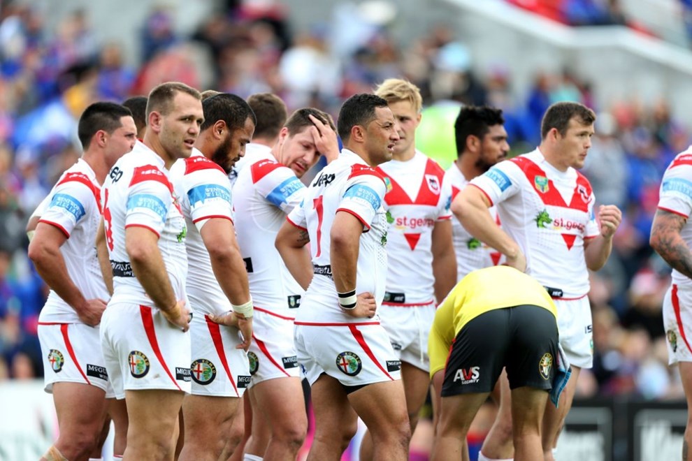 Photo by Anthony Johnson copyright Â© nrlphotos.com: Dejected Dragons.  NRL Rugby League, Round 26, Newcastle Knights v St George Illawarra Dragons at Hunter Stadium, Newcastle. Sunday September 7th, 2014