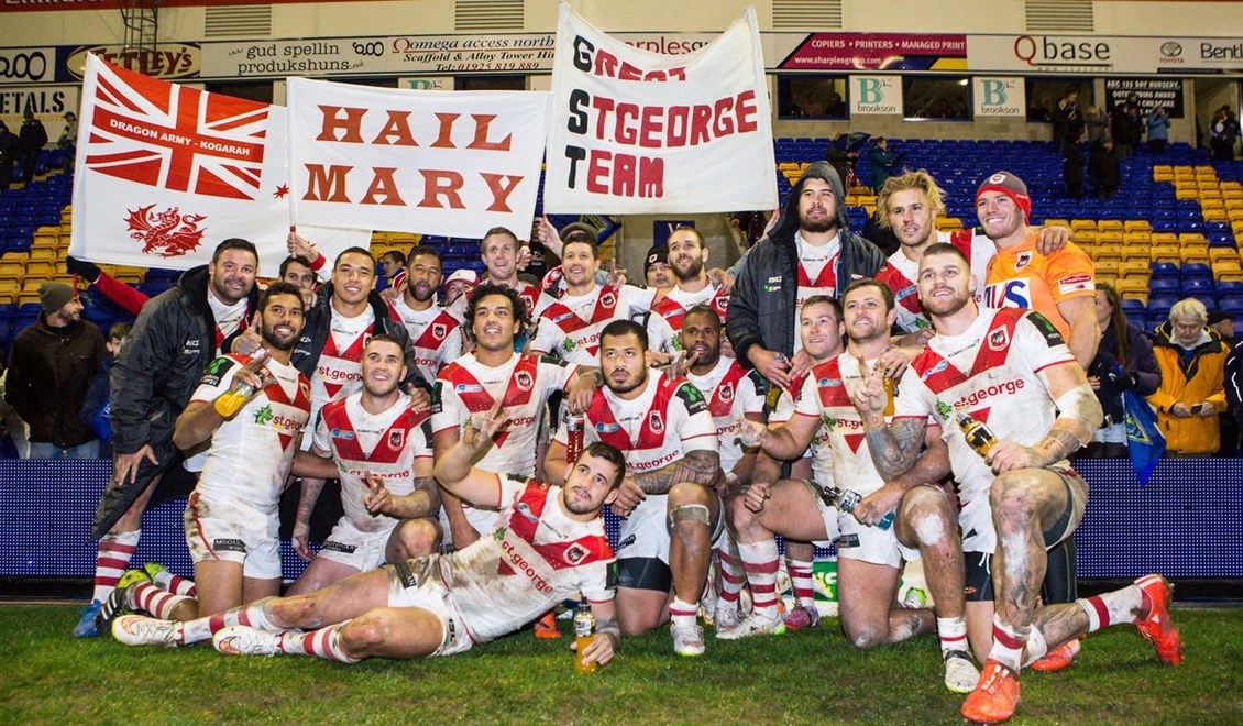 Picture by Alex Whitehead/SWpix.com - 20/02/2015 - Rugby League - World Club Series - Warrington Wolves v St George Illawarra Dragons - Halliwell Jones Stadium, Warrington, England - St George players pictured after the win.