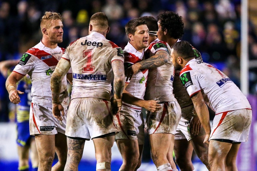 Picture by Alex Whitehead/SWpix.com - 20/02/2015 - Rugby League - World Club Series - Warrington Wolves v St George Illawarra Dragons - Halliwell Jones Stadium, Warrington, England - St George players celebrate the win.