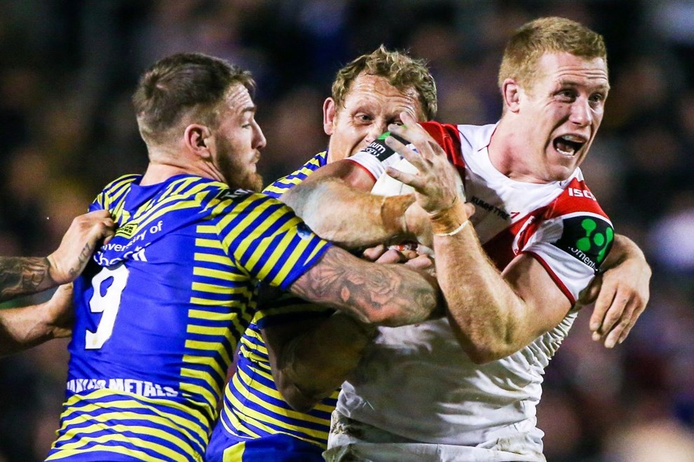 Picture by Alex Whitehead/SWpix.com - 20/02/2015 - Rugby League - World Club Series - Warrington Wolves v St George Illawarra Dragons - Halliwell Jones Stadium, Warrington, England - St George's Ben Creagh is tackled by Warrington's Ben Westwood and Daryl Clark.