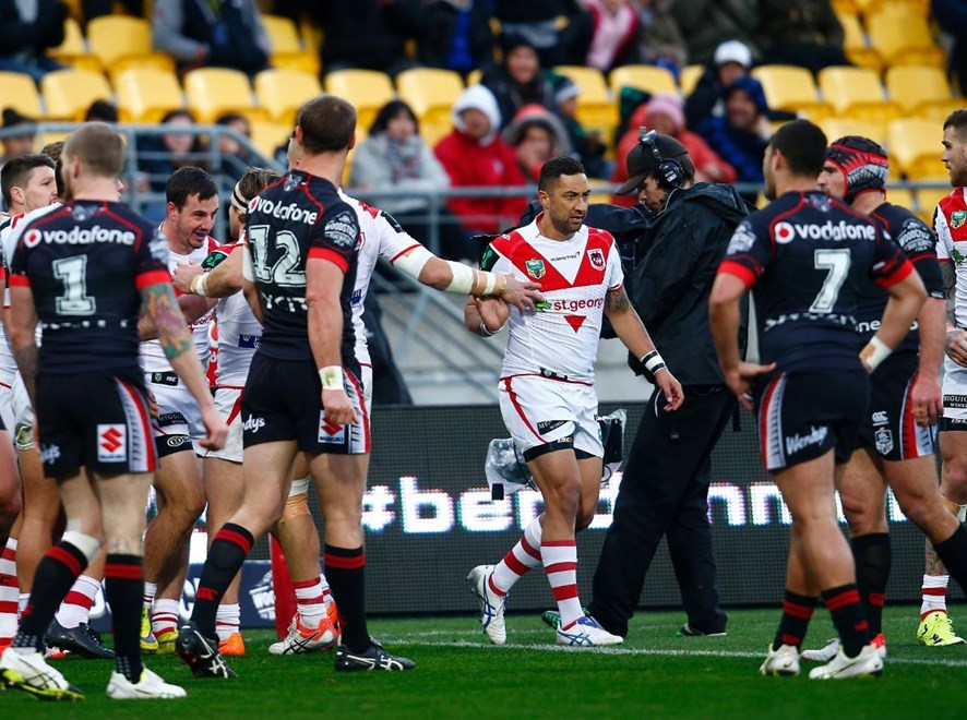 Dragons Benji Marshall celebrates setting up a great try for Dragons Justin Hunt:           NRL Rugby League, Round 22, NZ Warriors v St George Dragons at Westpac Stadium, Saturday 8th August 2015. Digital image by Shane Wenzlick, copyright nrlphotos.com