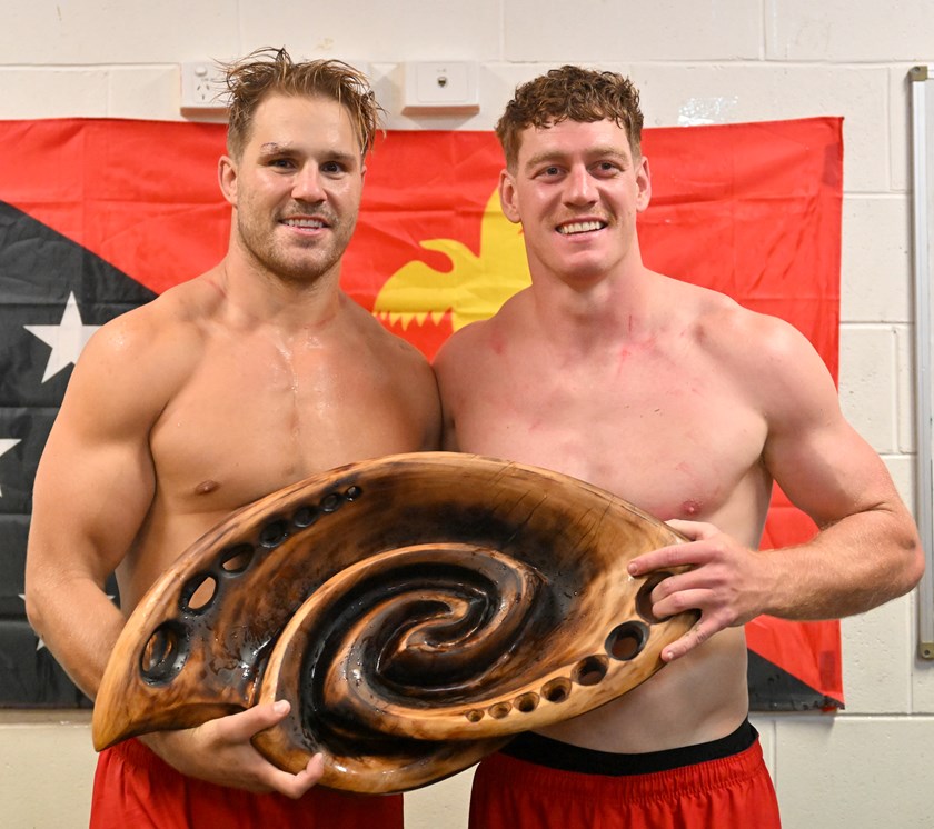 Jack de Belin and Dan Russell pose with the Pacific Bowl.