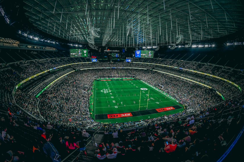 A high shot of Las Vegas‘ Allegiant Stadium during 2025 Rugby League Las Vegas.
