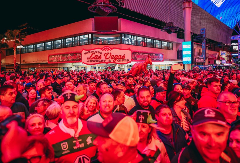 NRL fans gather at Fremont Street’s Rugby League Fan Fest.